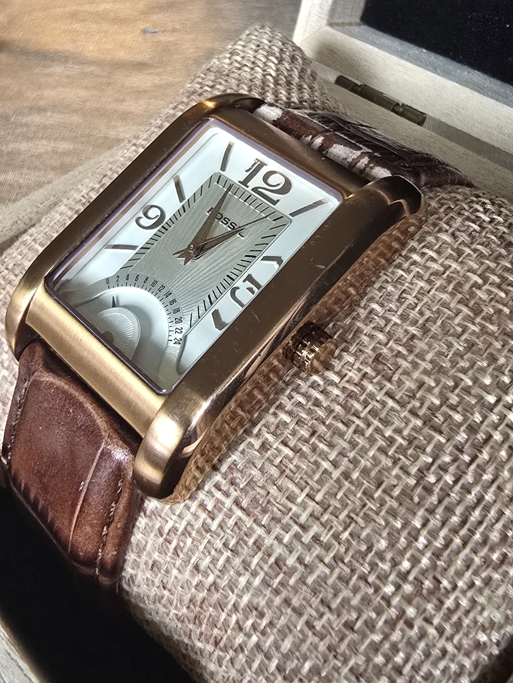 Fossil Rose Gold Tone Rectangular Watch with Brown Leather Strap - Picture 4 of 4